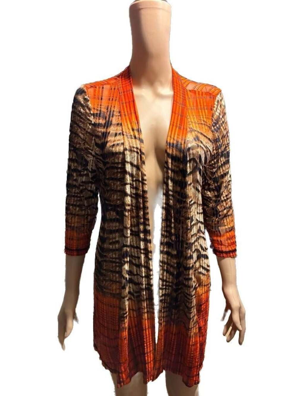 P. Luca Milano Orange and Black Animal Print Mesh Open Cardigan